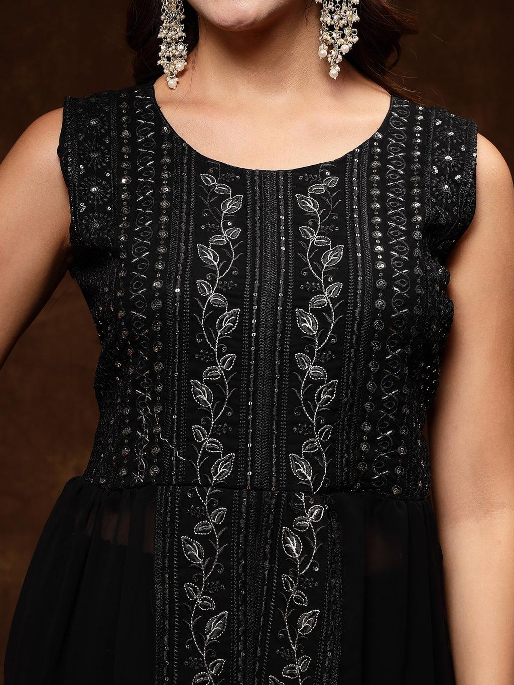 Women's Black Georgette Embroidered Teired Kurta Pant Dupatta Set