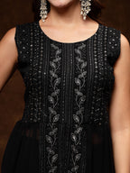 Women's Black Georgette Embroidered Teired Kurta Pant Dupatta Set