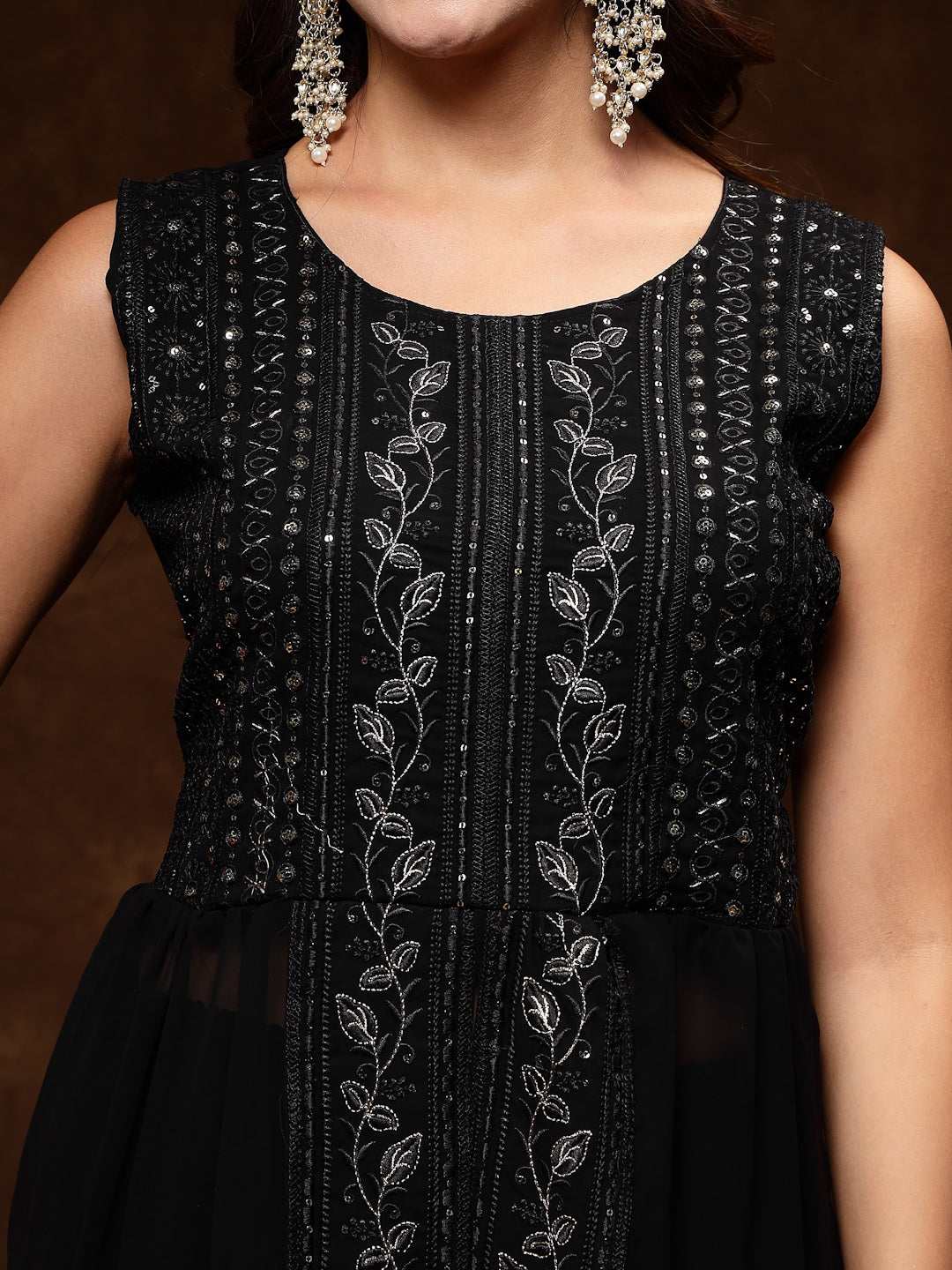 Women's Black Georgette Embroidered Teired Kurta Pant Dupatta Set
