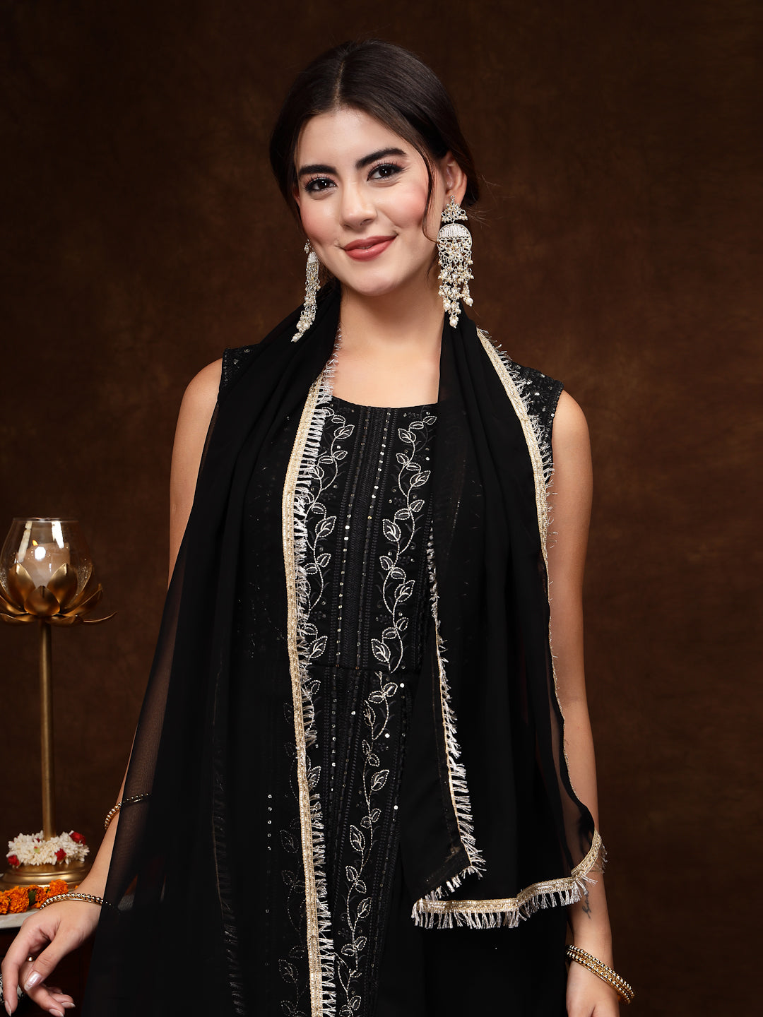 Women's Black Georgette Embroidered Teired Kurta Pant Dupatta Set
