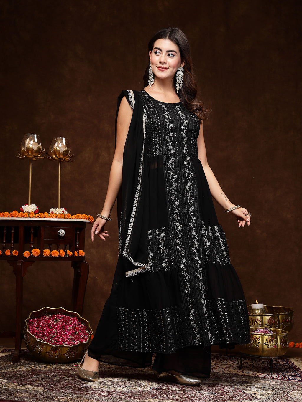 Women's Black Georgette Embroidered Teired Kurta Pant Dupatta Set