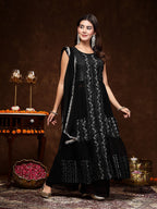 Women's Black Georgette Embroidered Teired Kurta Pant Dupatta Set