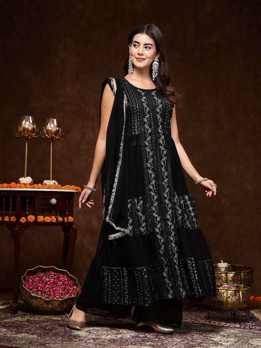Women's Black Georgette Embroidered Teired Kurta Pant Dupatta Set