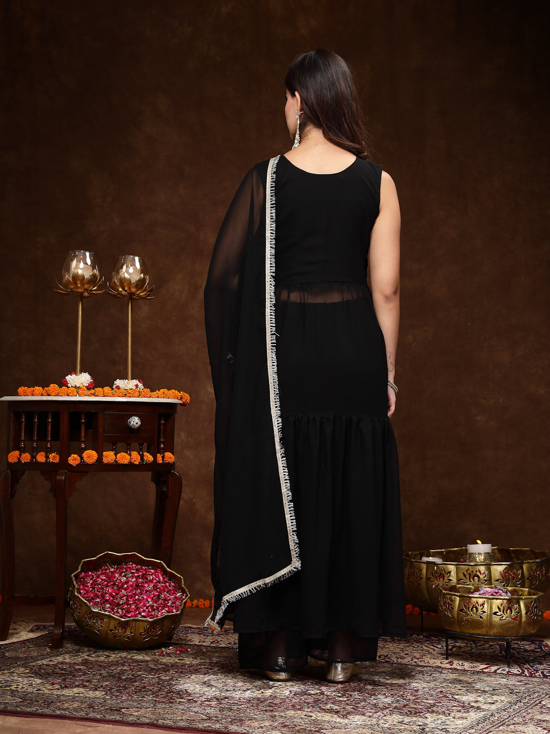 Women's Black Georgette Embroidered Teired Kurta Pant Dupatta Set