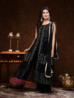 Women's Black Georgette Embroidered Teired Kurta Pant Dupatta Set