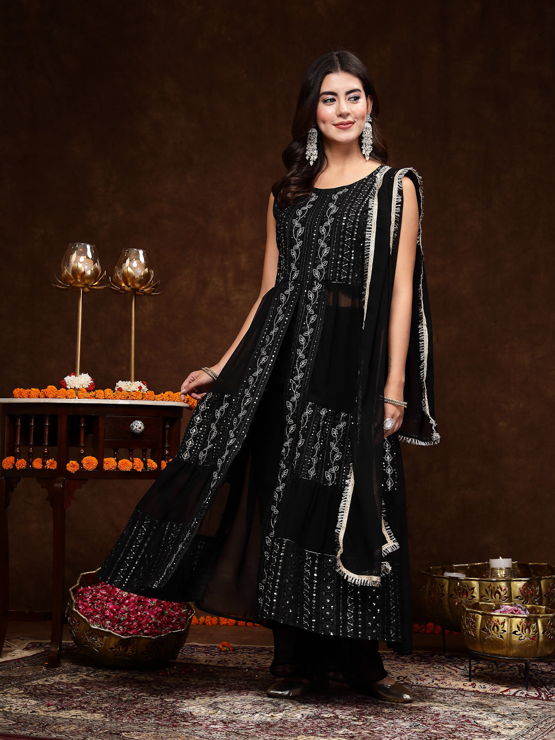Women's Black Georgette Embroidered Teired Kurta Pant Dupatta Set