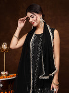 Women's Black Georgette Embroidered Teired Kurta Pant Dupatta Set