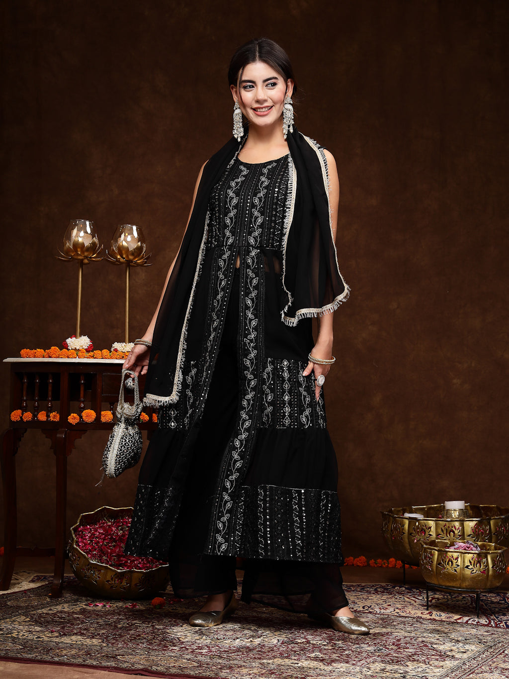 Women's Black Georgette Embroidered Teired Kurta Pant Dupatta Set
