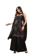 Women's Black Solid & Embroidered Wool Blend Straight Kurti Palazzo Dupatta Set