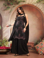 Women's Black Solid & Embroidered Wool Blend Straight Kurti Palazzo Dupatta Set