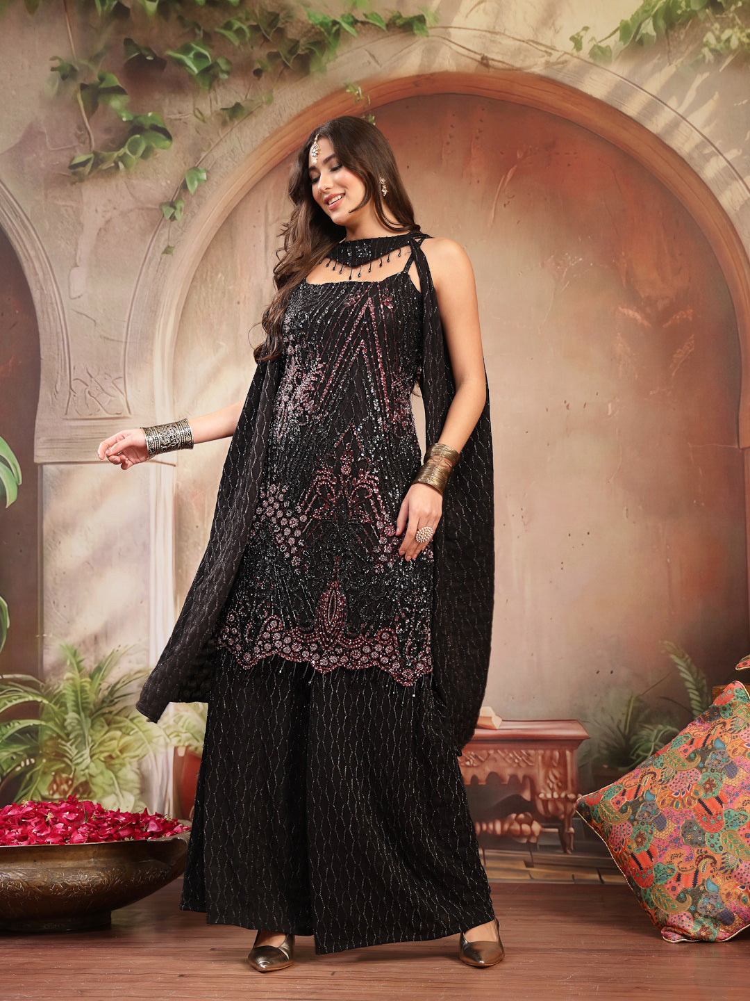 Women's Black Solid & Embroidered Wool Blend Straight Kurti Palazzo Dupatta Set