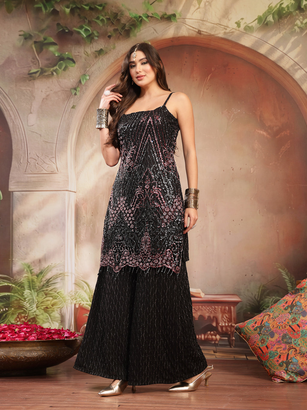 Women's Black Solid & Embroidered Wool Blend Straight Kurti Palazzo Dupatta Set