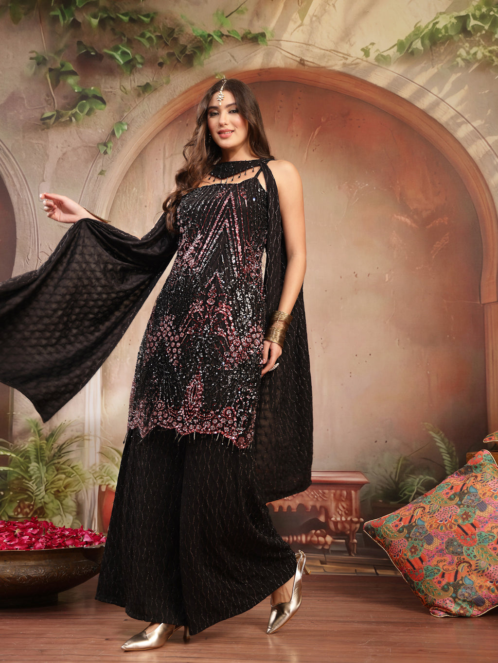 Women's Black Solid & Embroidered Wool Blend Straight Kurti Palazzo Dupatta Set