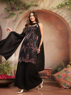 Women's Black Solid & Embroidered Wool Blend Straight Kurti Palazzo Dupatta Set