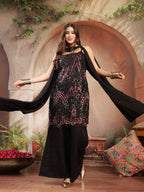 Women's Black Solid & Embroidered Wool Blend Straight Kurti Palazzo Dupatta Set