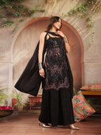 Women's Black Solid & Embroidered Wool Blend Straight Kurti Palazzo Dupatta Set