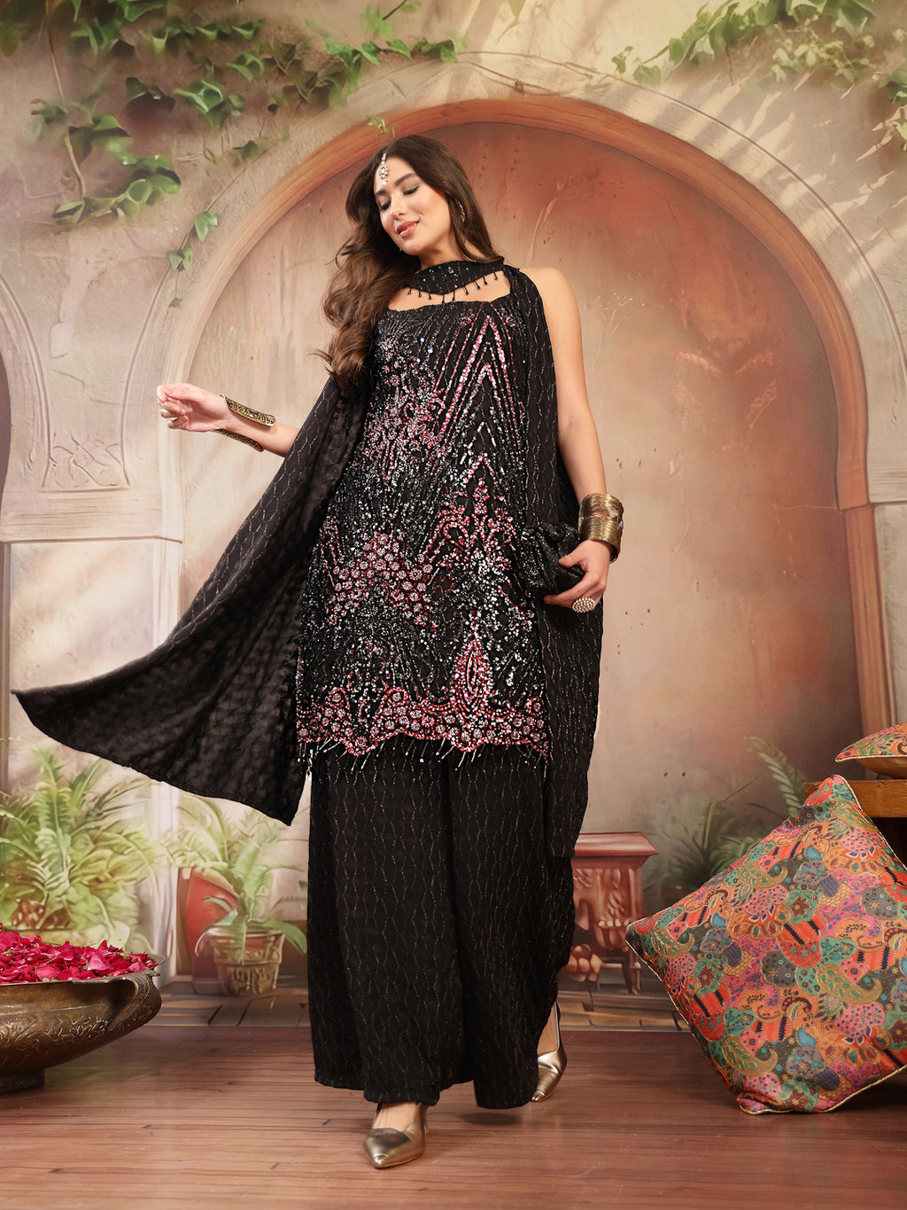 Women's Black Solid & Embroidered Wool Blend Straight Kurti Palazzo Dupatta Set