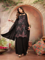 Women's Black Solid & Embroidered Wool Blend Straight Kurti Palazzo Dupatta Set