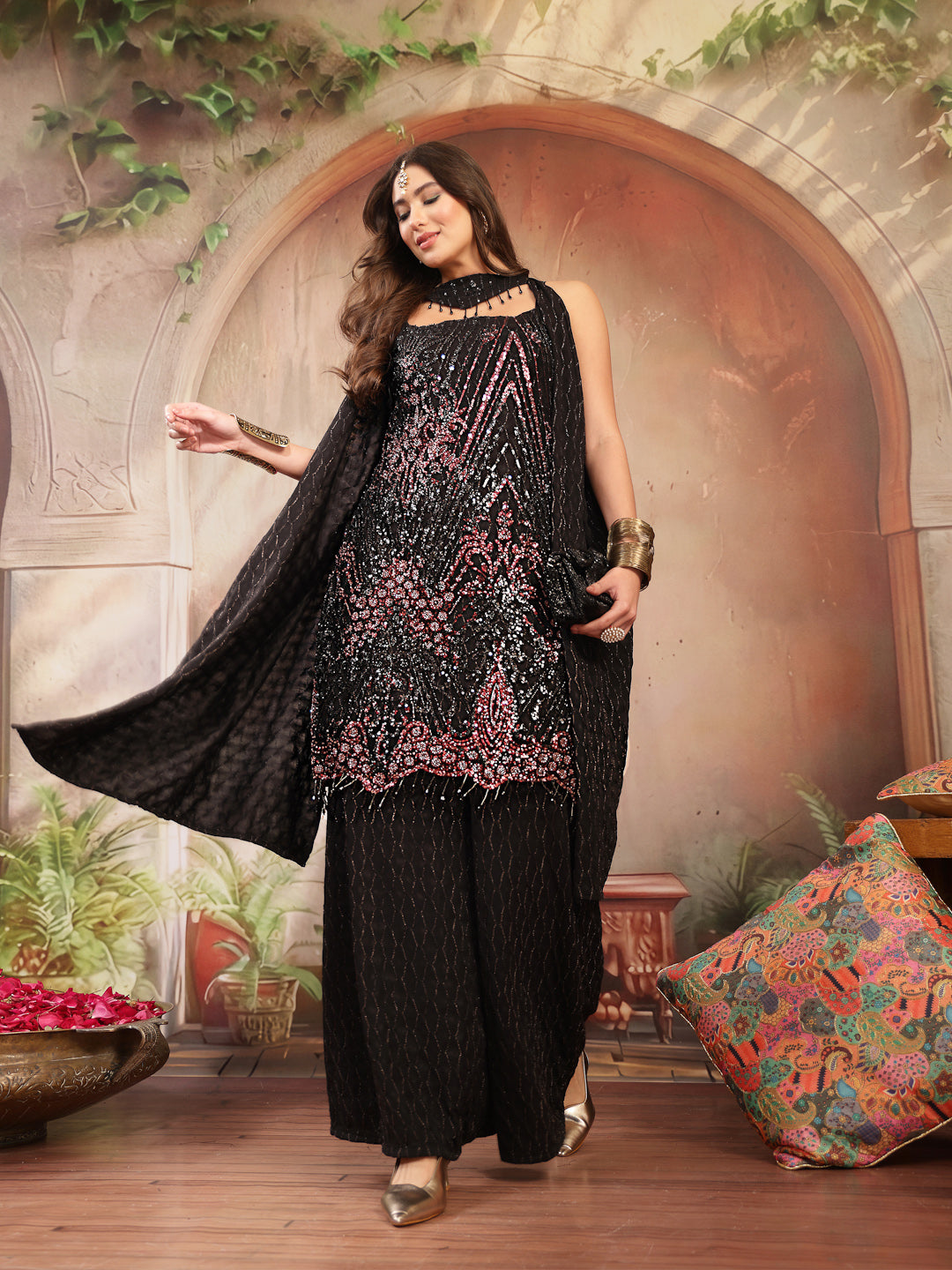 Women's Black Solid & Embroidered Wool Blend Straight Kurti Palazzo Dupatta Set