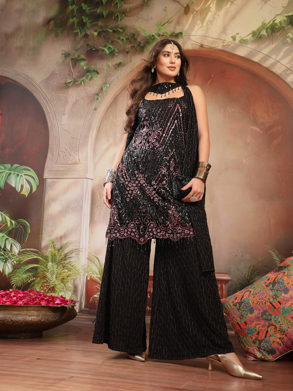 Women's Black Solid & Embroidered Wool Blend Straight Kurti Palazzo Dupatta Set