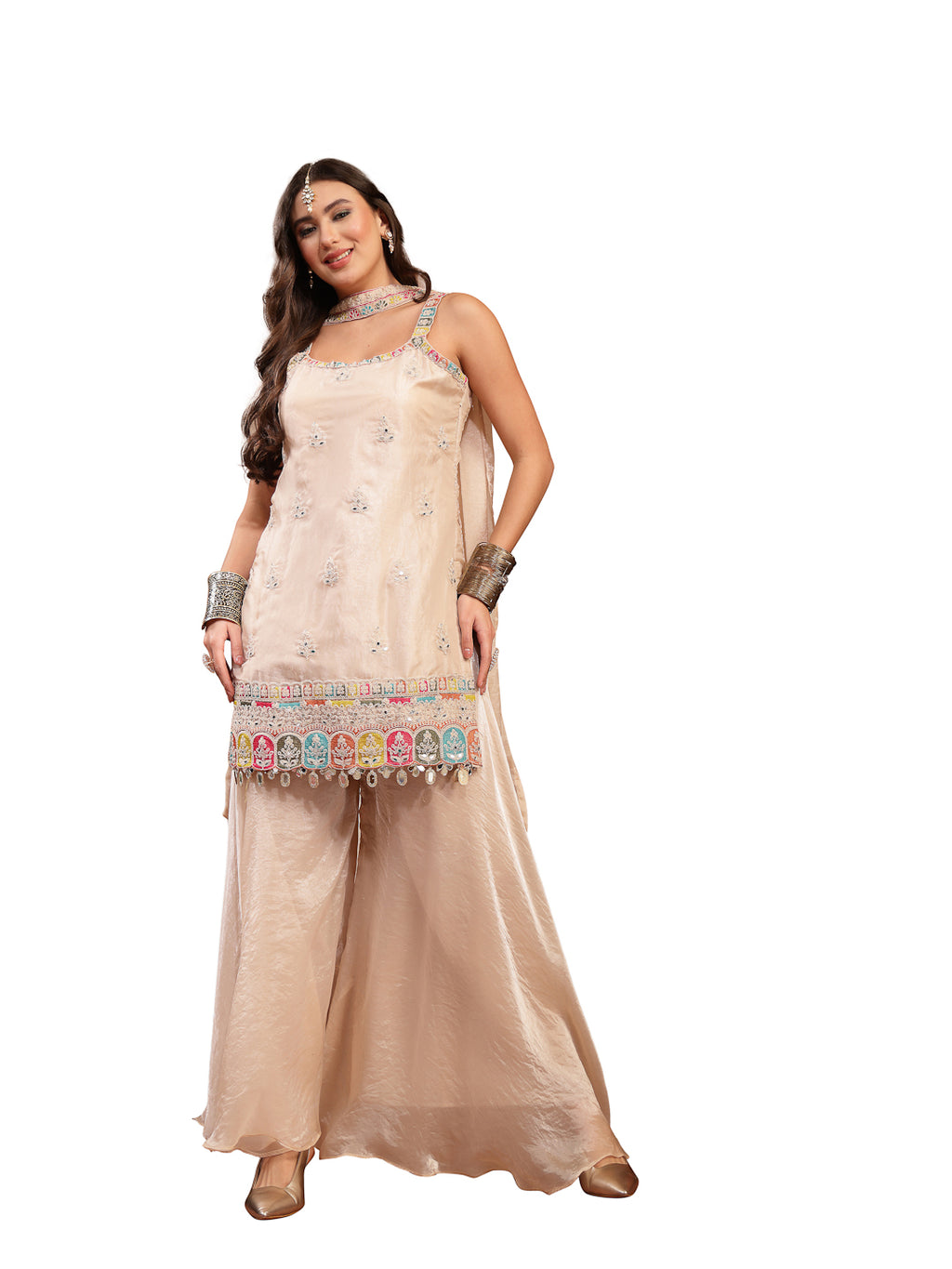 Women's Ivory Solid & Embroidered Organza Straight Kurti Palazzo Dupatta Set