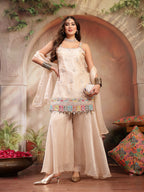 Women's Ivory Solid & Embroidered Organza Straight Kurti Palazzo Dupatta Set