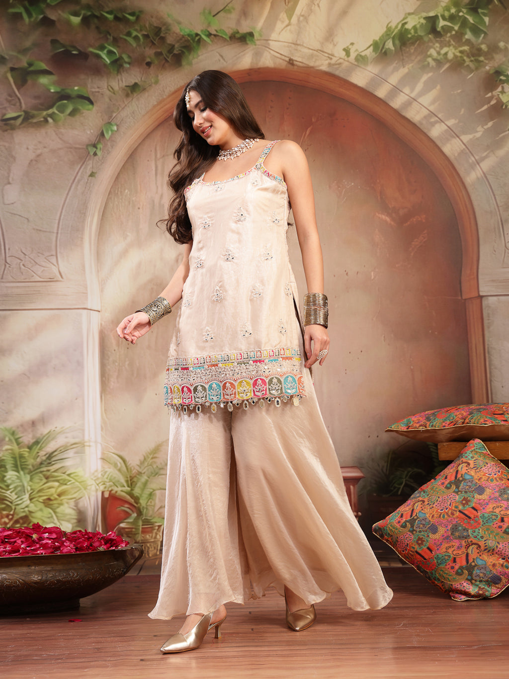 Women's Ivory Solid & Embroidered Organza Straight Kurti Palazzo Dupatta Set