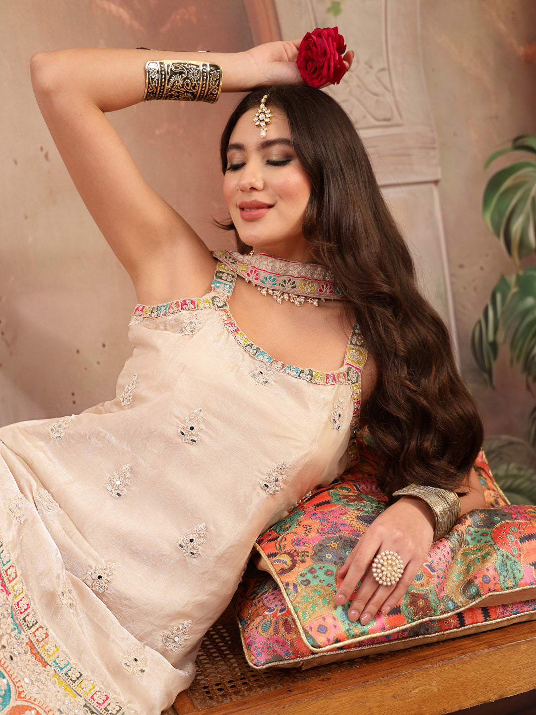 Women's Ivory Solid & Embroidered Organza Straight Kurti Palazzo Dupatta Set