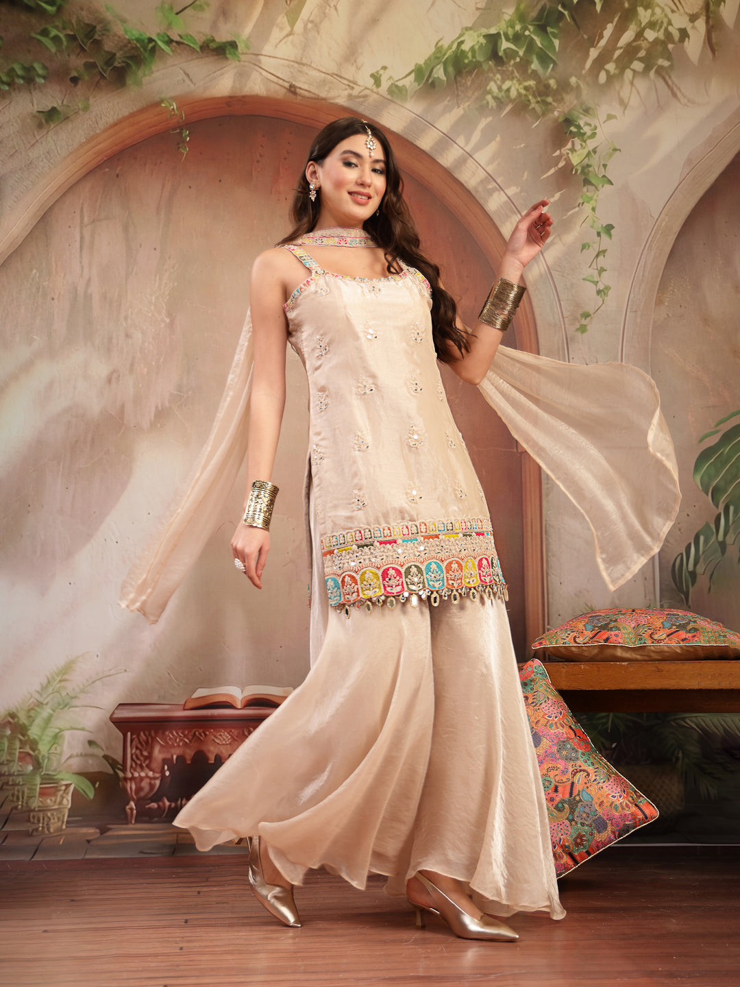 Women's Ivory Solid & Embroidered Organza Straight Kurti Palazzo Dupatta Set