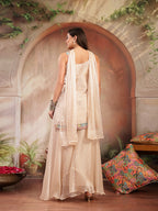 Women's Ivory Solid & Embroidered Organza Straight Kurti Palazzo Dupatta Set
