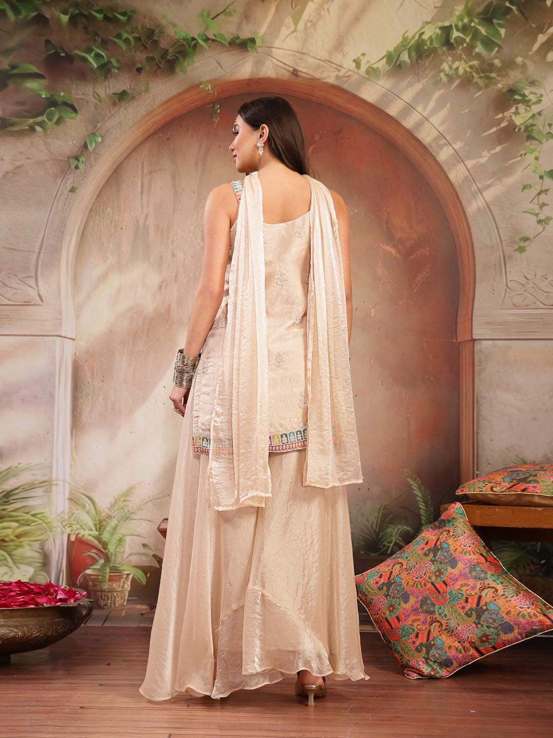 Women's Ivory Solid & Embroidered Organza Straight Kurti Palazzo Dupatta Set