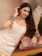 Women's Ivory Solid & Embroidered Organza Straight Kurti Palazzo Dupatta Set