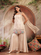 Women's Ivory Solid & Embroidered Organza Straight Kurti Palazzo Dupatta Set