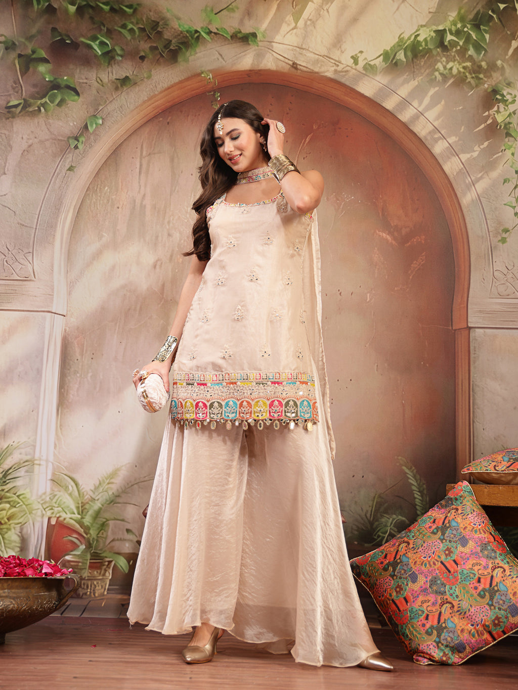 Women's Ivory Solid & Embroidered Organza Straight Kurti Palazzo Dupatta Set