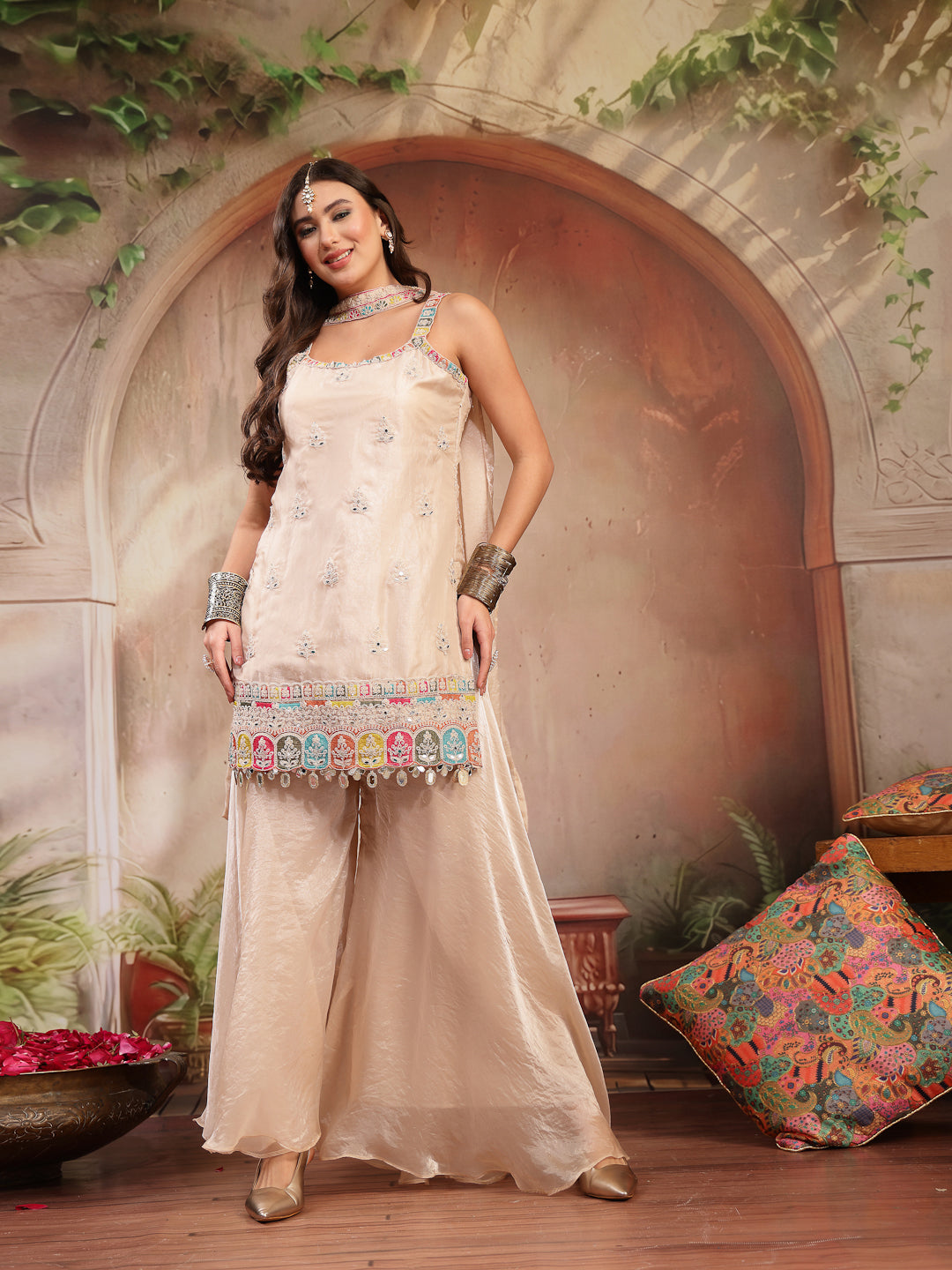 Women's Ivory Solid & Embroidered Organza Straight Kurti Palazzo Dupatta Set