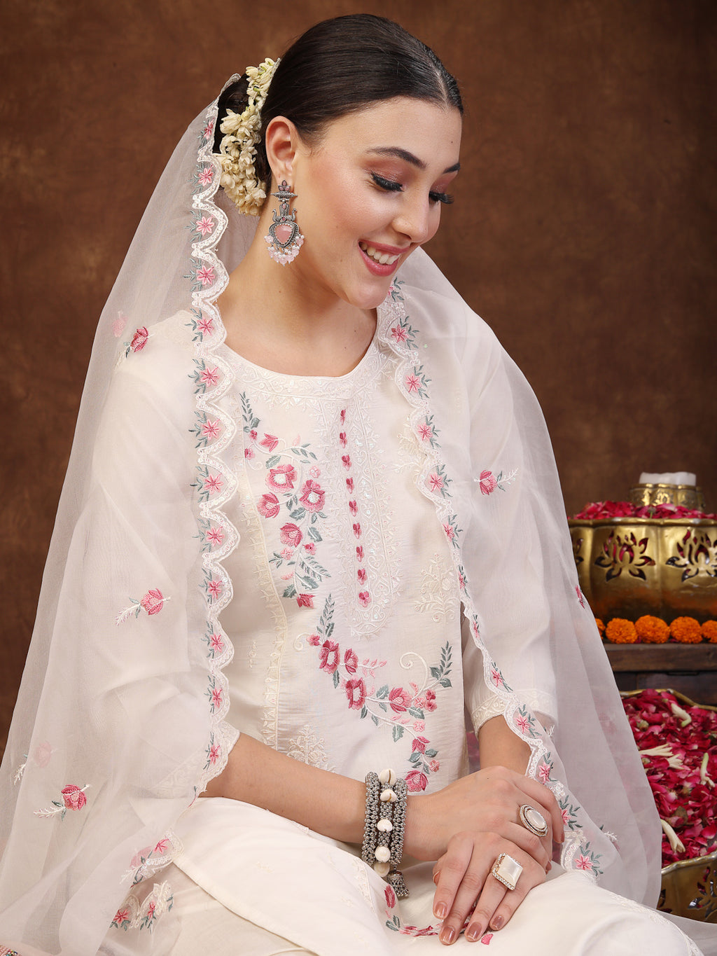 Women's Off White Embroidered Silk Blend Straight Kurta Pant Dupatta Set