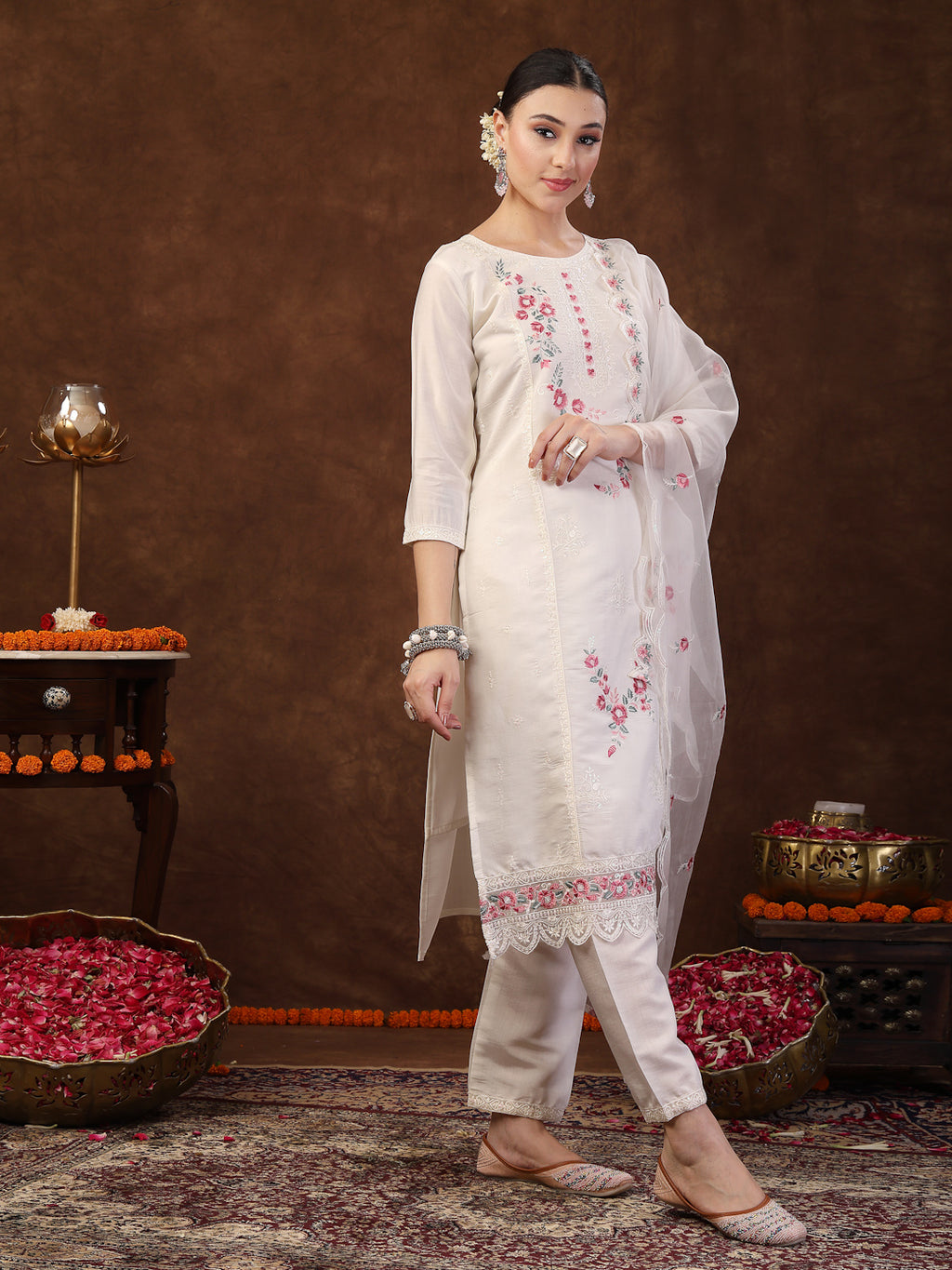 Women's Off White Embroidered Silk Blend Straight Kurta Pant Dupatta Set