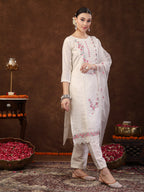 Women's Off White Embroidered Silk Blend Straight Kurta Pant Dupatta Set