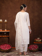 Women's Off White Embroidered Silk Blend Straight Kurta Pant Dupatta Set