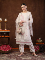Women's Off White Embroidered Silk Blend Straight Kurta Pant Dupatta Set