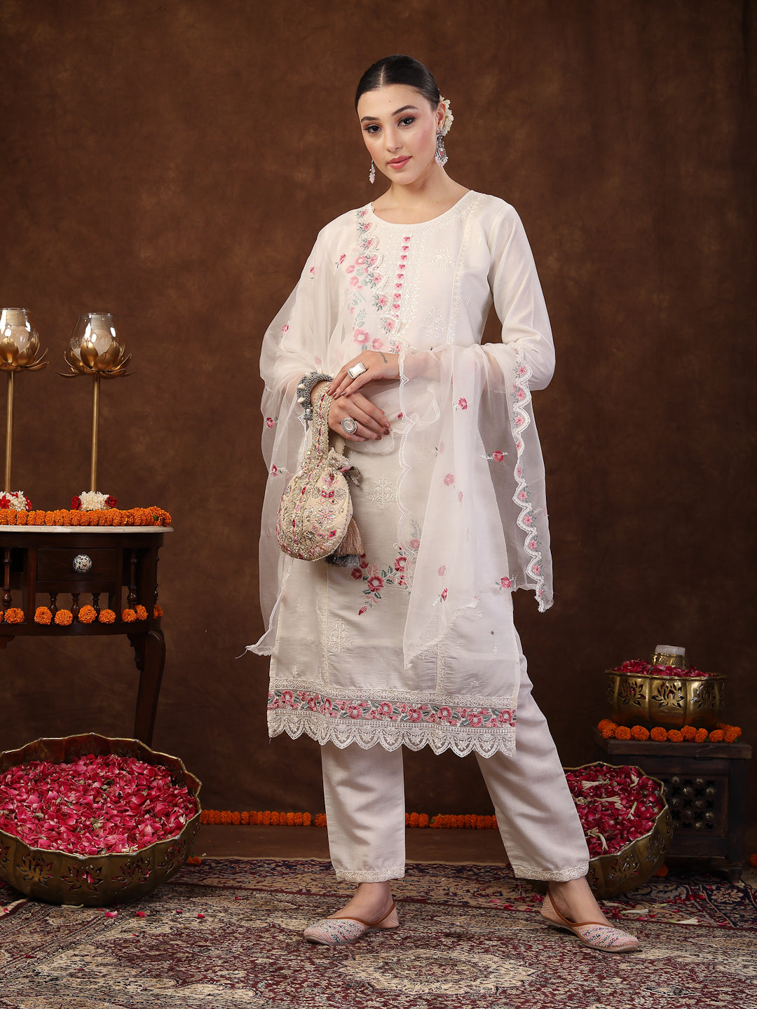 Women's Off White Embroidered Silk Blend Straight Kurta Pant Dupatta Set