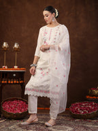 Women's Off White Embroidered Silk Blend Straight Kurta Pant Dupatta Set