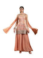 Women's Peach Floral Printed & Embroidered Silk Blend Straight Short Kurti Palazzo Dupatta Set