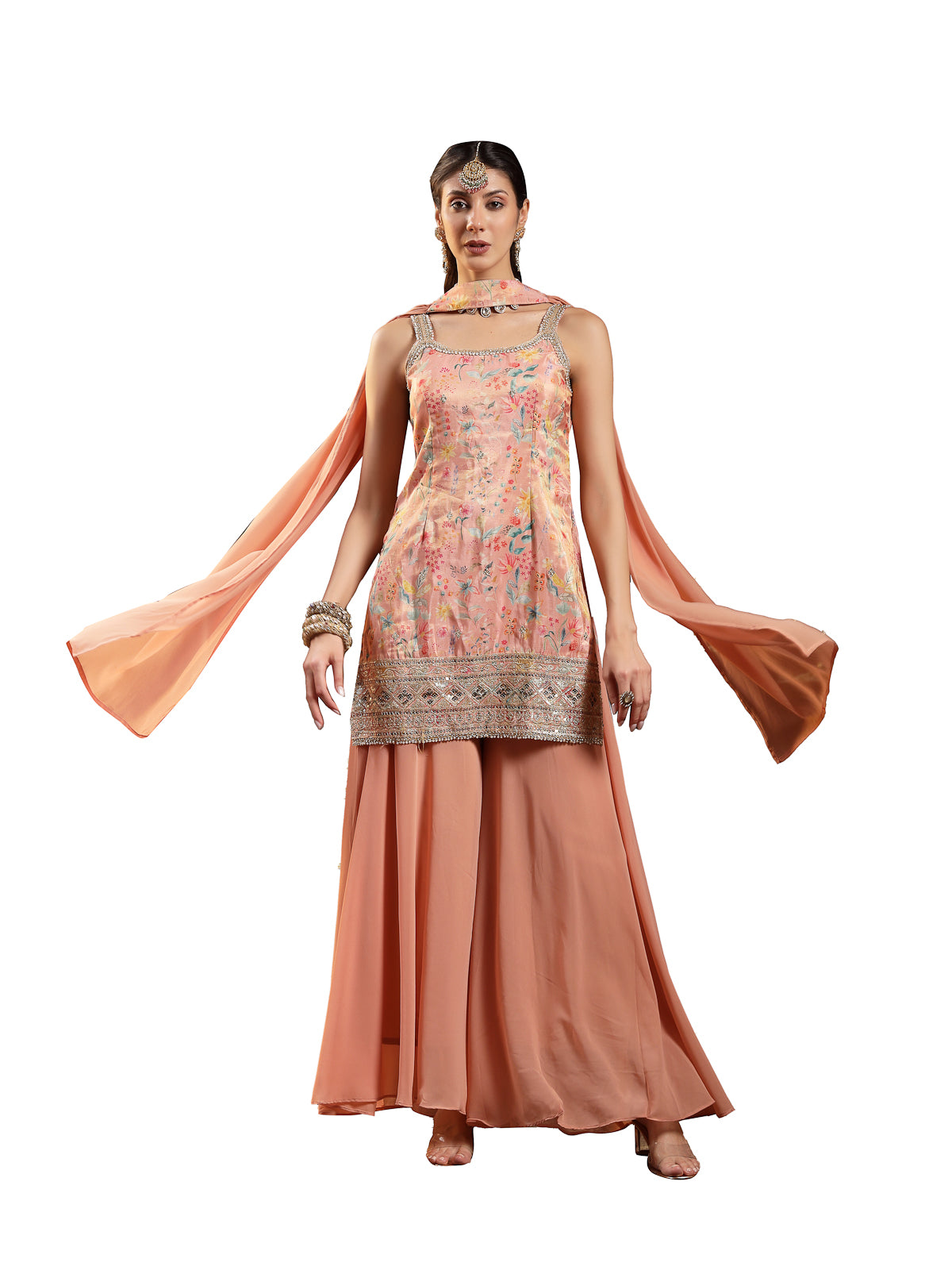 Women's Peach Floral Printed & Embroidered Silk Blend Straight Short Kurti Palazzo Dupatta Set