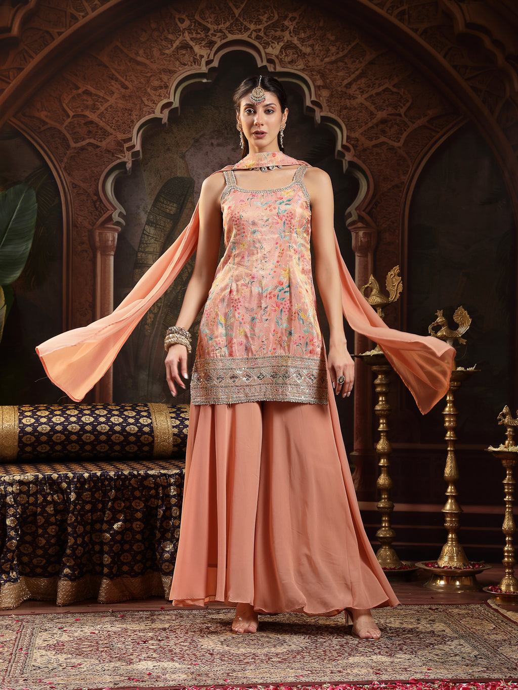 Women's Peach Floral Printed & Embroidered Silk Blend Straight Short Kurti Palazzo Dupatta Set