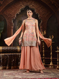 Women's Peach Floral Printed & Embroidered Silk Blend Straight Short Kurti Palazzo Dupatta Set