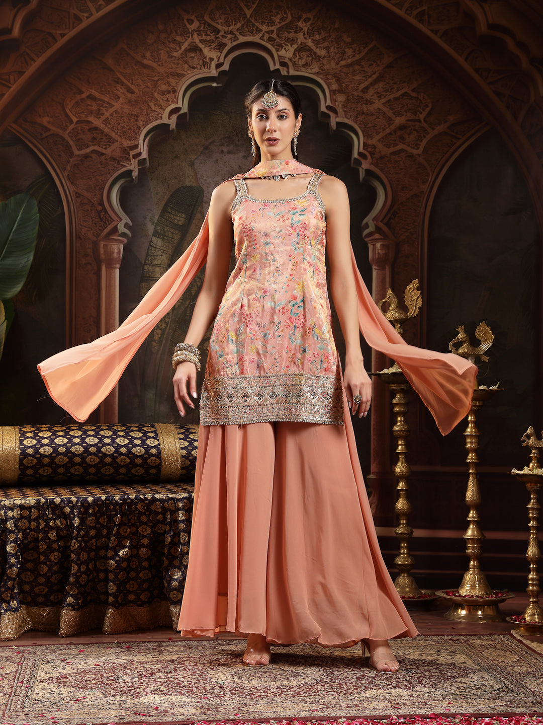 Women's Peach Floral Printed & Embroidered Silk Blend Straight Short Kurti Palazzo Dupatta Set