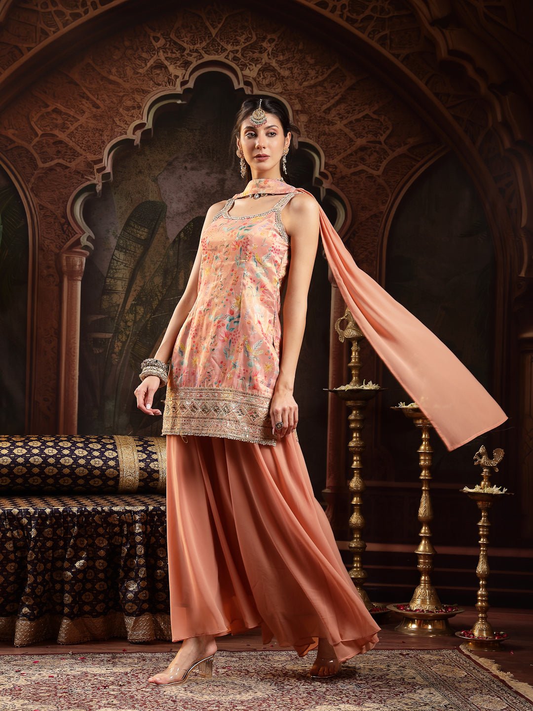 Women's Peach Floral Printed & Embroidered Silk Blend Straight Short Kurti Palazzo Dupatta Set