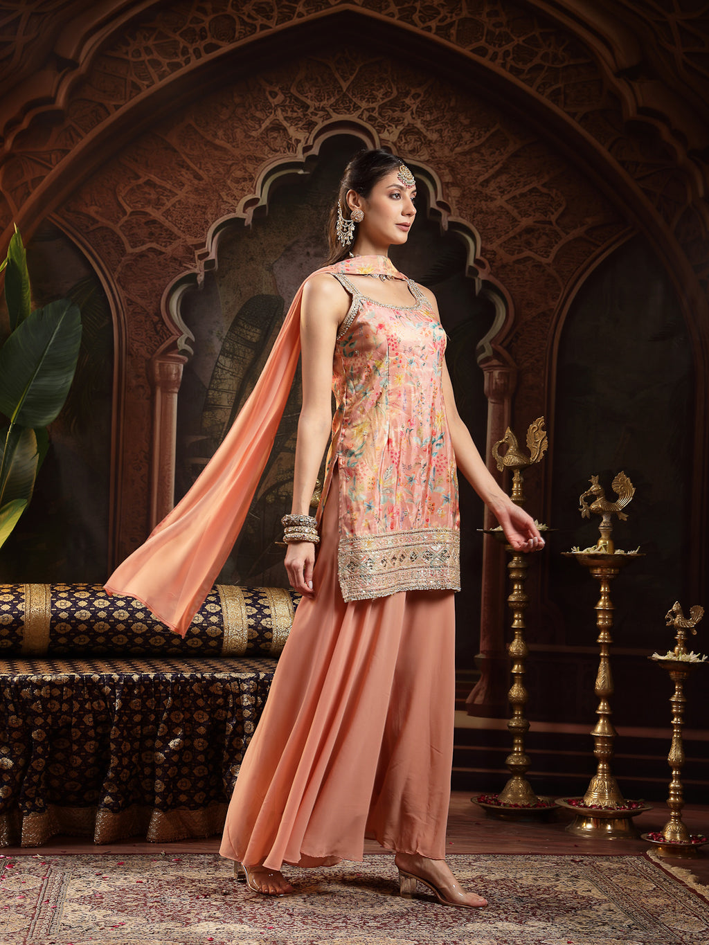 Women's Peach Floral Printed & Embroidered Silk Blend Straight Short Kurti Palazzo Dupatta Set