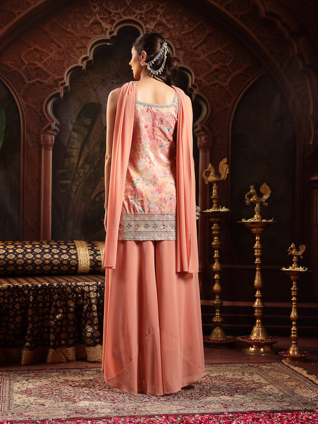 Women's Peach Floral Printed & Embroidered Silk Blend Straight Short Kurti Palazzo Dupatta Set